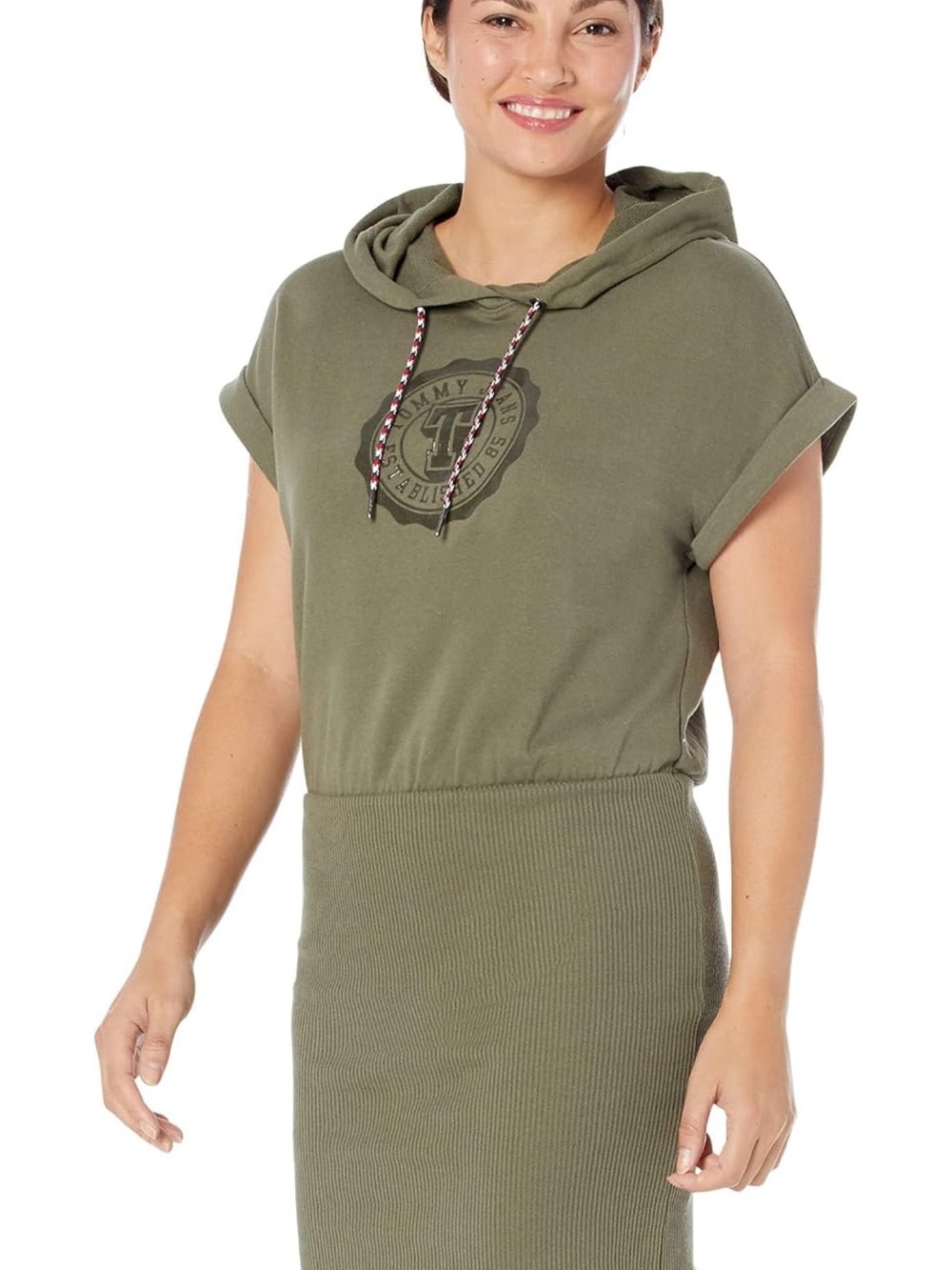 Tommy Hilfiger Olive Green Hooded Short-Sleeve Top